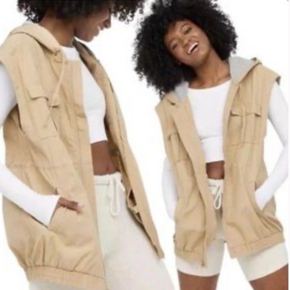 Offline by Aerie Tan Hooded Zip Front Cargo Unisex Vest - Picture 2 of 11